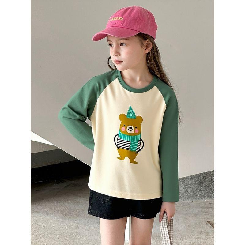27Home Spring Kidsren's Clothing Kidsren's Long-Sleeved T-Shirt Girls Cartoon Bear Print Pure Cotton Bottoming Shirt Baby Clothes