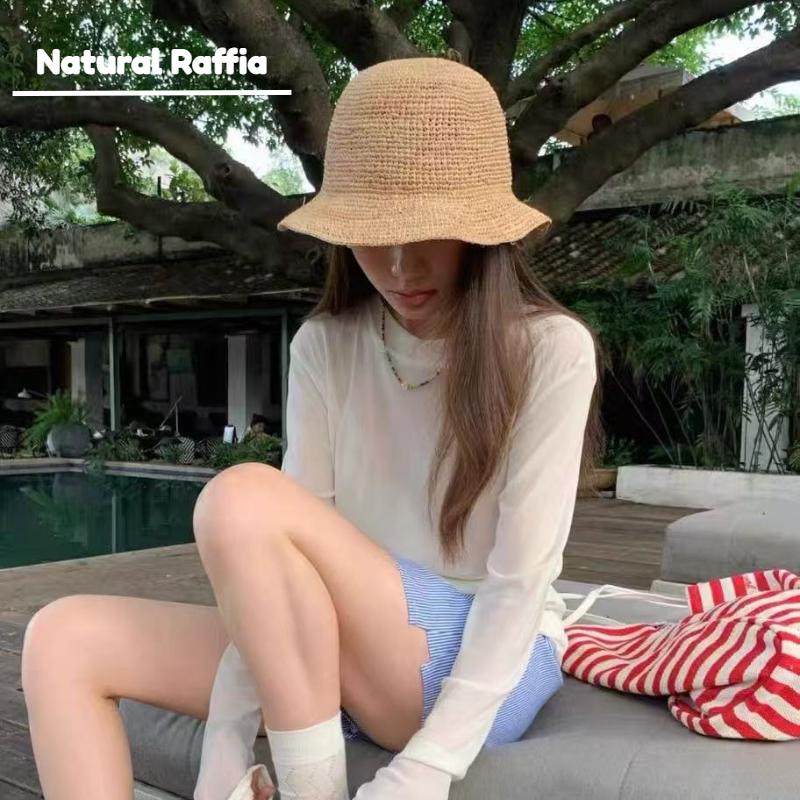 Yiran Dayang Hat Women's Summer High Quality Natural Raffia Sun Hats Versatile Beach Cap Short Brim Hand Woven Straw Hat Casual Simple Bucket Hat 56-58Cm