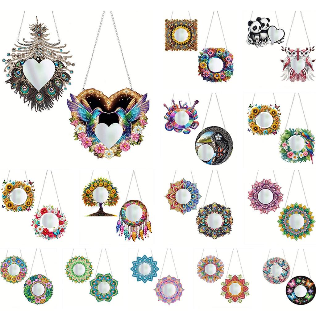 2D/Flat DIY Hanging Mirror Diamond Art Kits Diamond Painting Set Rhinestone Diamond Art Mirror Pendants Wall Door Decoration