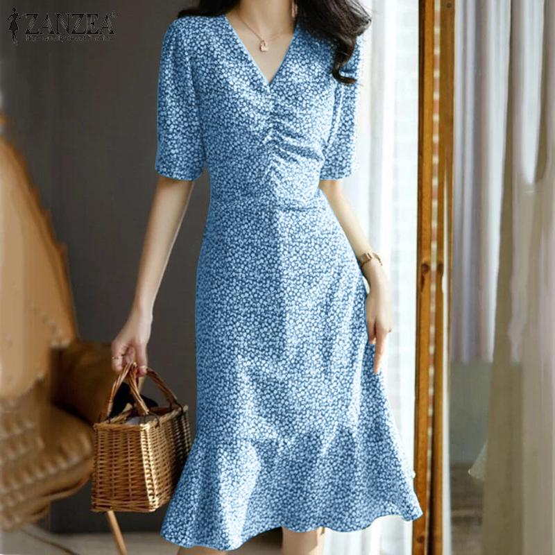 

ZANZEA Женское повседневное летнее платье с v-образным вырезом и принтом
