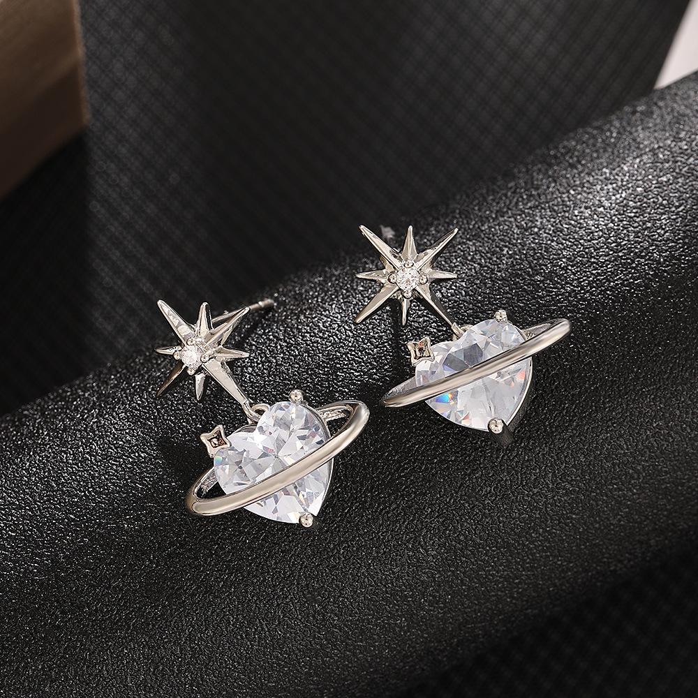 Elegant Eight-Pointed Star Zirconia Heart Stud Earrings: Luxury Geometric Dangle for Women - Japanese Korean Fashion.