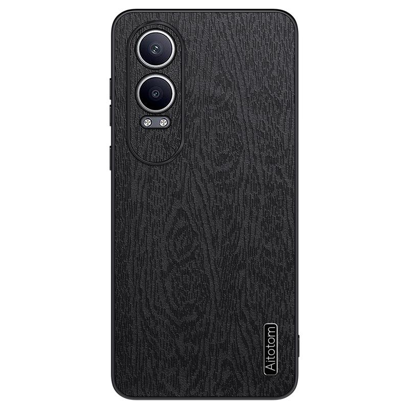 

For OnePlus Nord CE4 Lite 5G/Oppo K12x 5G (China) Slim Case Wood Grain Leather+PC+TPU Back Phone Cover Black