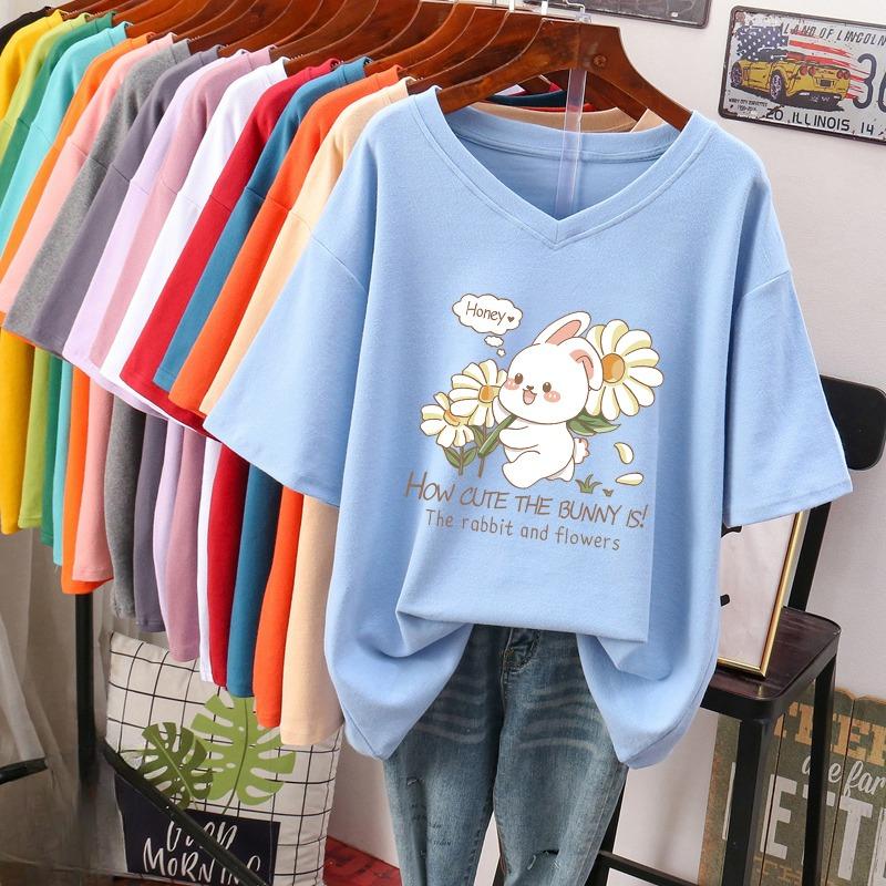 Dámské tričko s krátkým rukávem, volného střihu, zeštíhlující top s potiskem a výstřihem do V