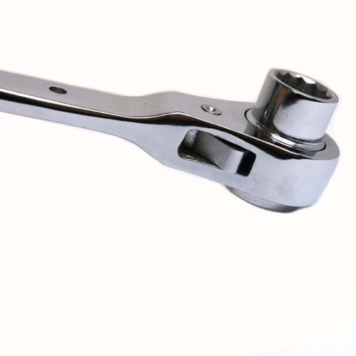 Warabi Ueda Ratchet Wrench, Double-Ended, with Spindle, 17 X 21mm, Long Curved, Fully Polished, Carabiner Attachable