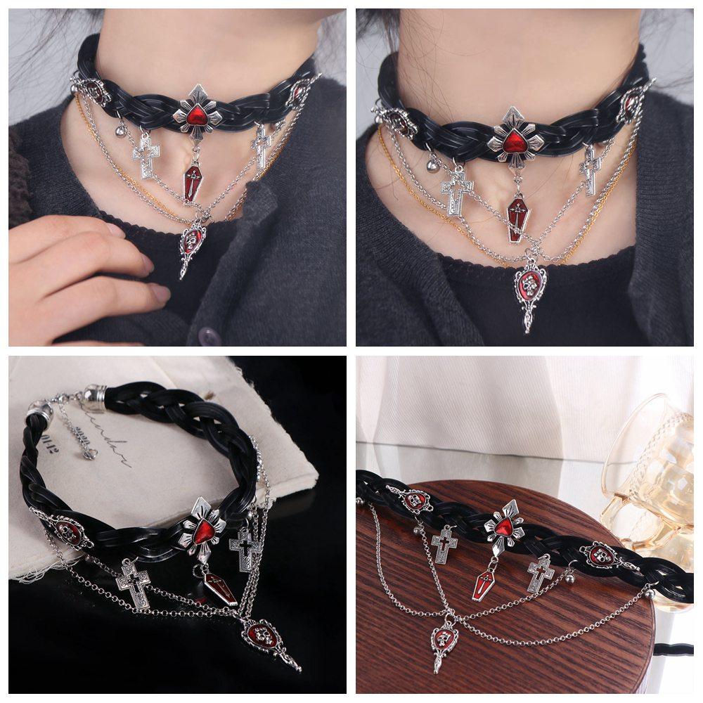 Corss Y2K Leather Necklace Red Tassel Beaded Necklace Fashion Halloween Skull Choker  Girls