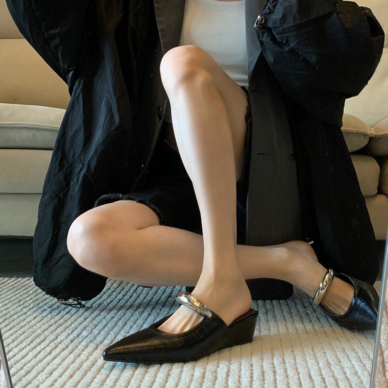 Sheepskin version! Baotou half slippers women's summer outer wear temperament niche pointed metal word with wedge heel shoes