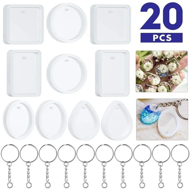 20Pcs/Set New DIY Keychain Pendant Casting Silicone Mould Kit with Keyrings Art Crafts Making Tools Crystal Epoxy Resin Mold