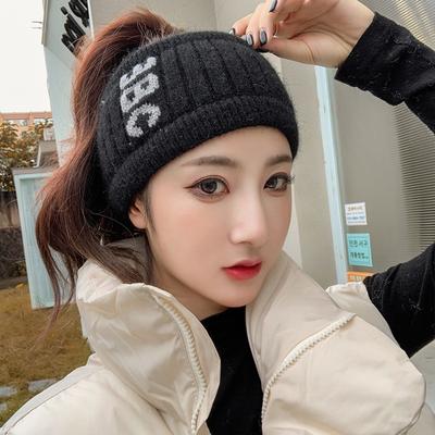 Korean Style Winter Knitted Wool Hat for Women Japanese Sports Bag Head Hat Empty Top Ponytail Hat Headband Pullover Hat
