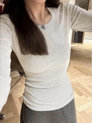 Women's Plus Size 95% Cotton Long Sleeve Round Neck T-Shirt - Slim Fit, Solid Color, Spring/Autumn Wear, Straight Shoulder.