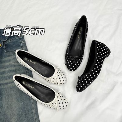 Height Increase 5CM Bow Polka Dot Flat-soled Single Shoes Women's 2025 New Xiaoxiangfeng One-pedal Suede Mary Jane Shoes