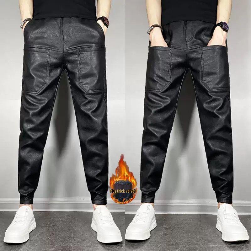 Winter Men's Plus Velvet Thick Motorcycle PU Leather Pants - Black Warrior Windproof Waterproof Warm Trousers.