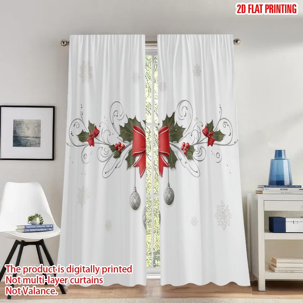 

Flat Printing Merry Christmas Curtains Holly Bow Ornament Digital Printed Polyester Drapes Family Party Curtain Set Of 2 Made Washable W100*H70(CM)-Hooks&2PCS