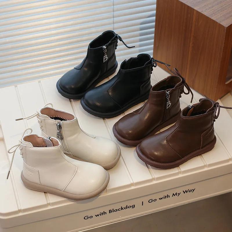 2024 Children Leather Shoes for Girl Autumn New Fashion Versatile Korean Style Soft Anti-slippery Side Zipper Casual Short Boots