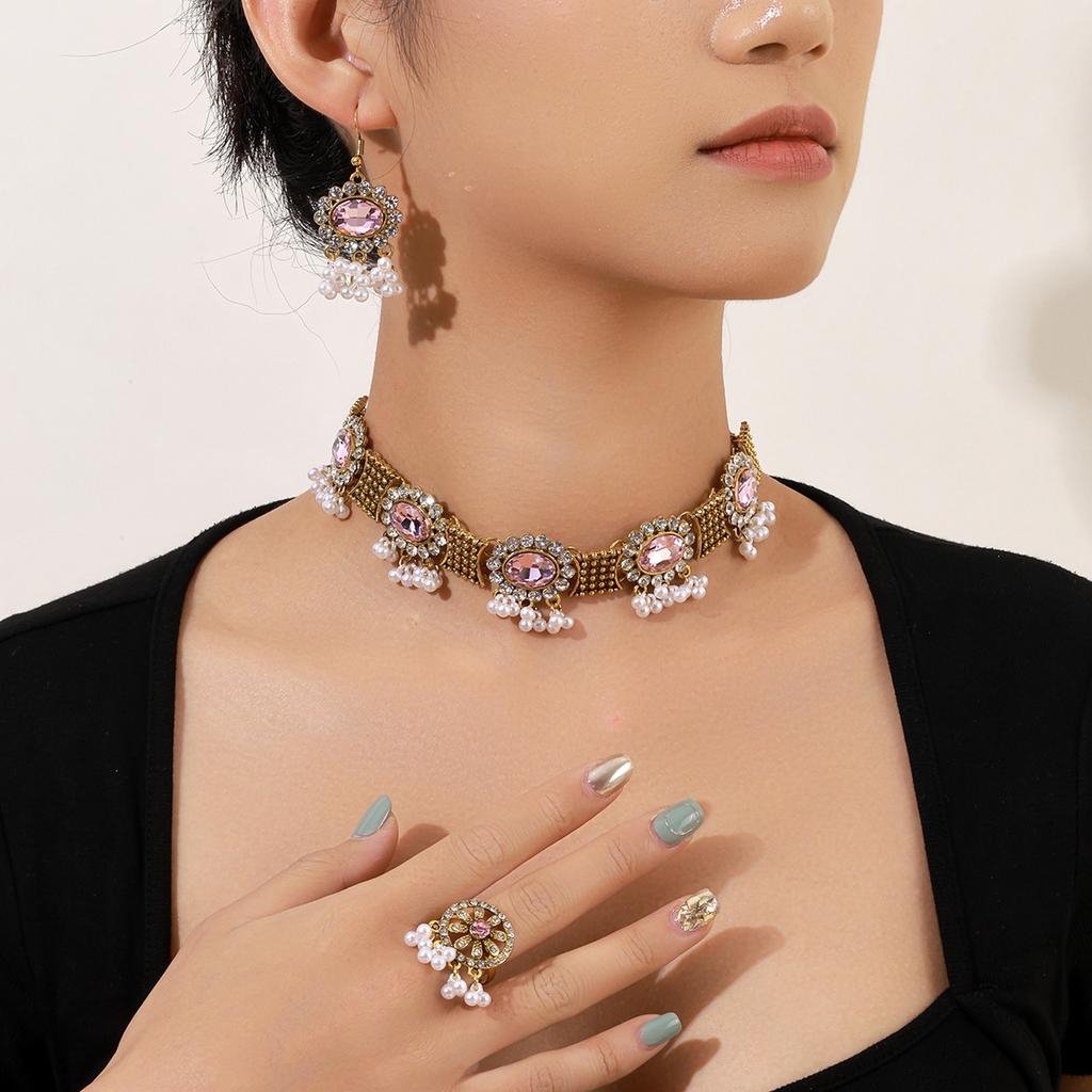 Bohemian Style Diamond-Set Colored Diamond-Set Fringed Necklace, Retro Court Style Earrings, Rings, Jewelry Set, Women