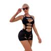 Sexy Jacquard See-through Hollow Erotic Lingerie Halter Wrap Skirt See-through Mesh Backless Splicing Jumpsuit
