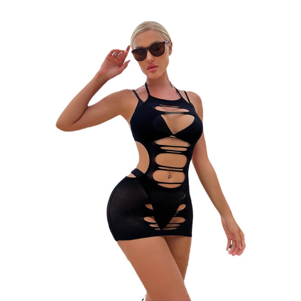 Sexy Jacquard See-through Hollow Erotic Lingerie Halter Wrap Skirt See-through Mesh Backless Splicing Jumpsuit