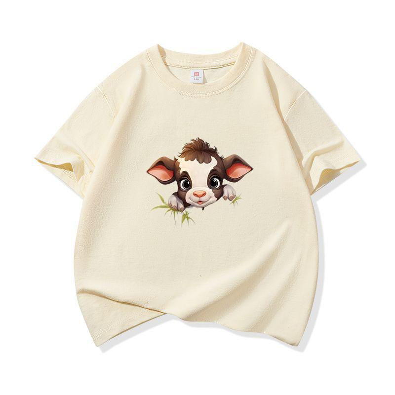 Kids Cotton T Shirt Brown Baby Cow Peeking Over Grass Print Crew Neck Short Sleeve Tee Casual Boys Girls Summer Tops