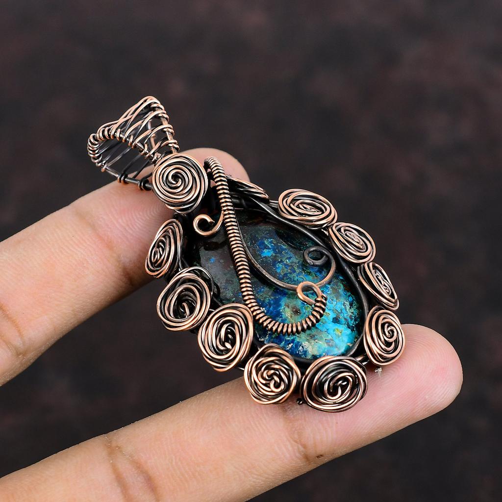 Azurite Malachite Pendant Copper Wire Wrapped Jewelry Gemstone Copper Pendant Handmade Jewelry Wire Wrapped Pendant Anniversary Gift For Mom