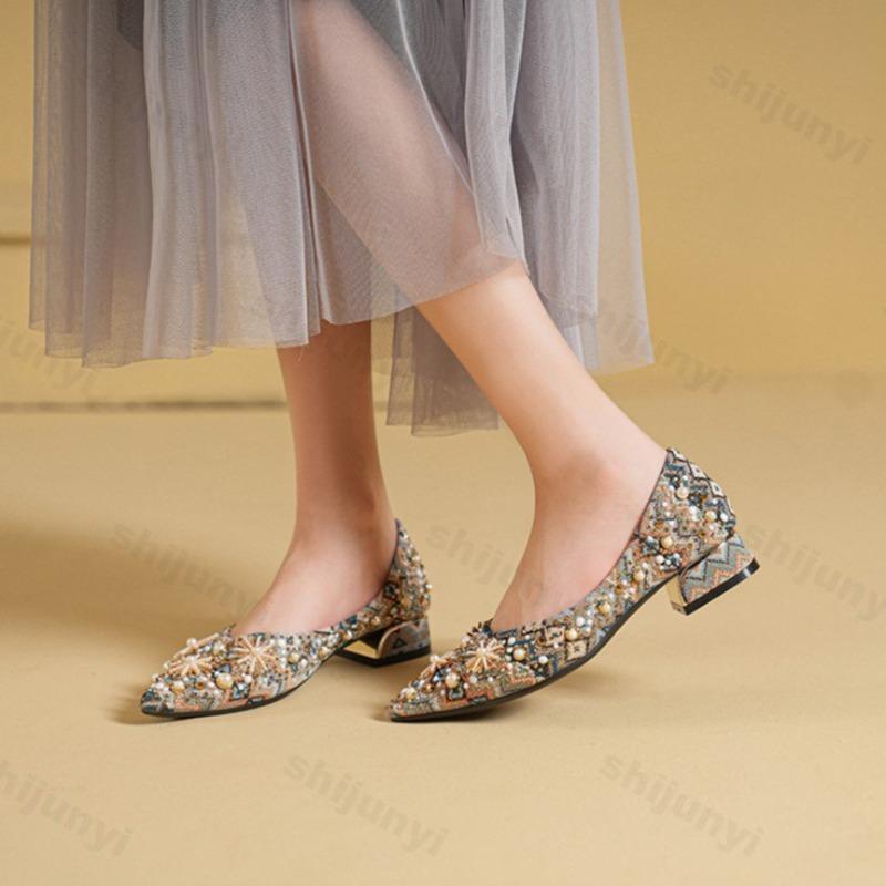 Women Pointed Toe High Heels 2026 Autumn New Ladies Retro Style Rhinestone Decorate Party Dress Pumps Size 34-42 Zapatos Mujer