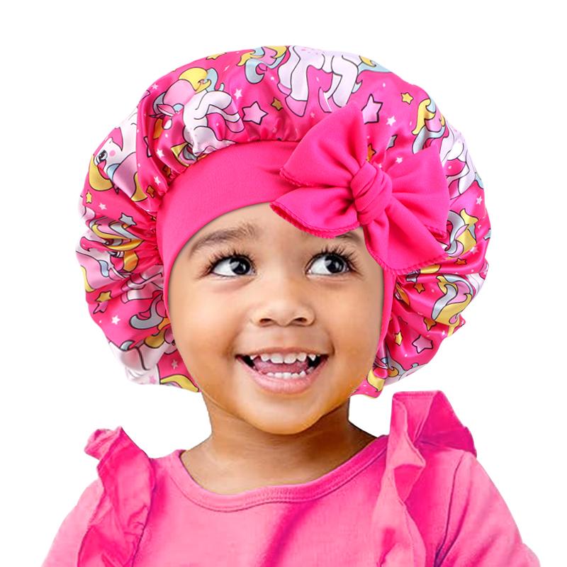 

New children s unicorn cartoon color Ding elastic ribbon sleeping hat strap headband hat baby headscarf hat hair care hat One Size