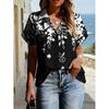 Floral Print Womens Loose Fit Short Sleeve V-Neck Top - Sleeveless Button-Free Casual Shirt Street Style