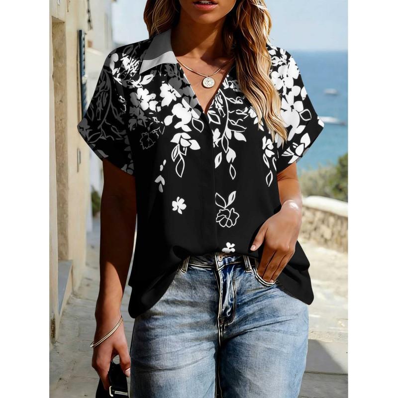 Floral Print Womens Loose Fit Short Sleeve V-Neck Top - Sleeveless Button-Free Casual Shirt Street Style