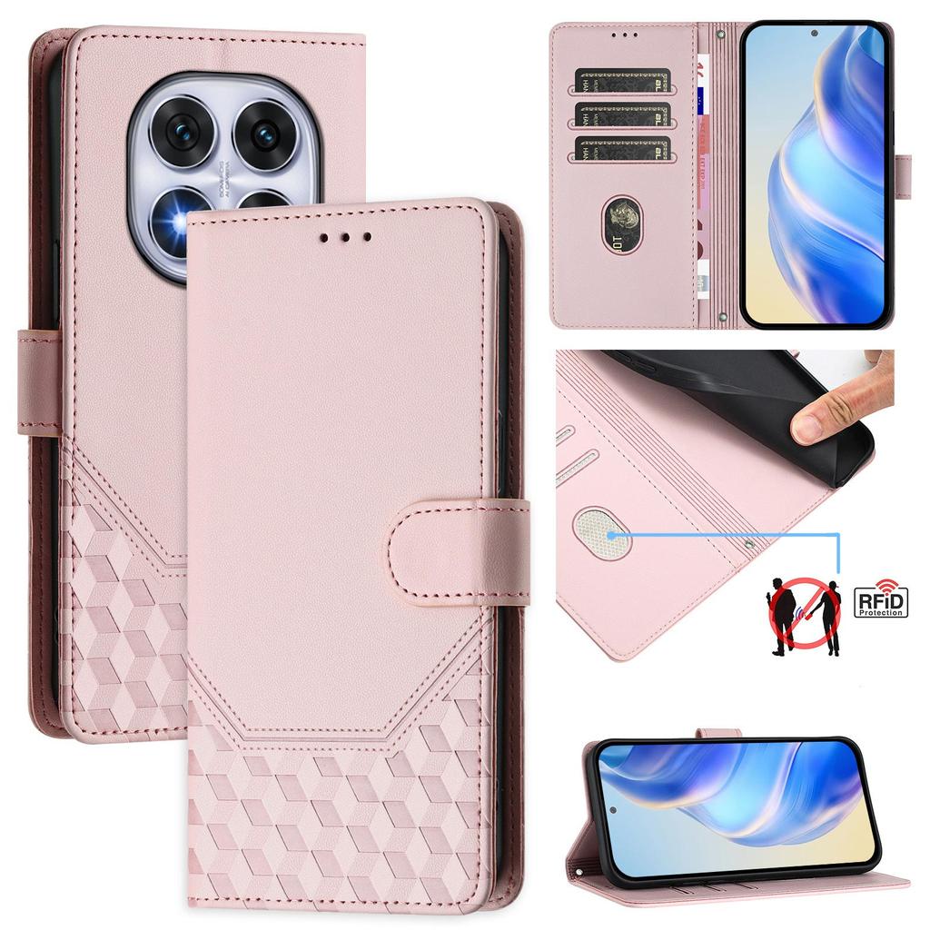 Für Xiaomi Redmi Note 14 Pro+ 5G/Note 14 Pro 5G/Poco X7 5G Hülle Geprägtes Wabenmuster RFID-Blockierendes Leder Handyhülle mit Riemen