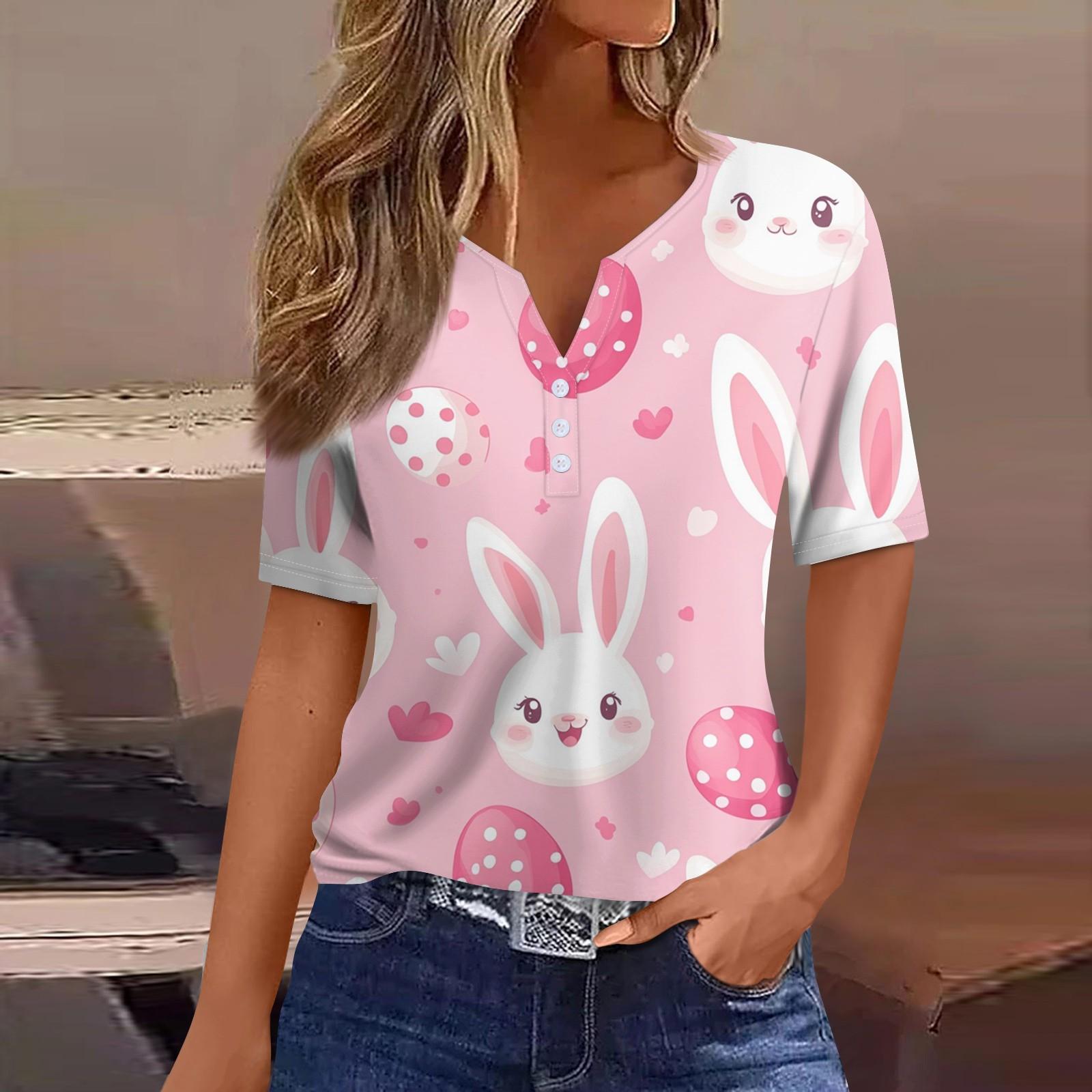 

Жен. Футболка С принтом Пуговицы С короткими рукавами Повседневные Выходные Мода Классический V-образный вырез Обычный Верх M розовый