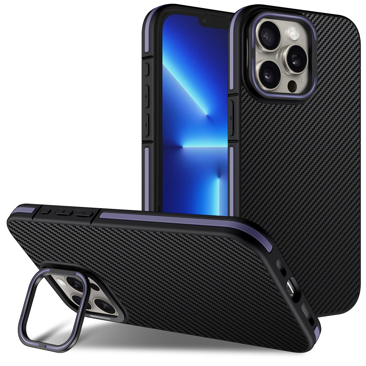 

For iPhone 13 Pro Max Case PC Lens Frame+TPU Phone Cover Carbon Fiber Texture Purple