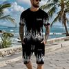 Men's Legendary Flame Print Set: Black and White Gradient Flame Short Sleeve T-Shirt with Matching Drawstring Shorts, Casual 2pcs Outfit