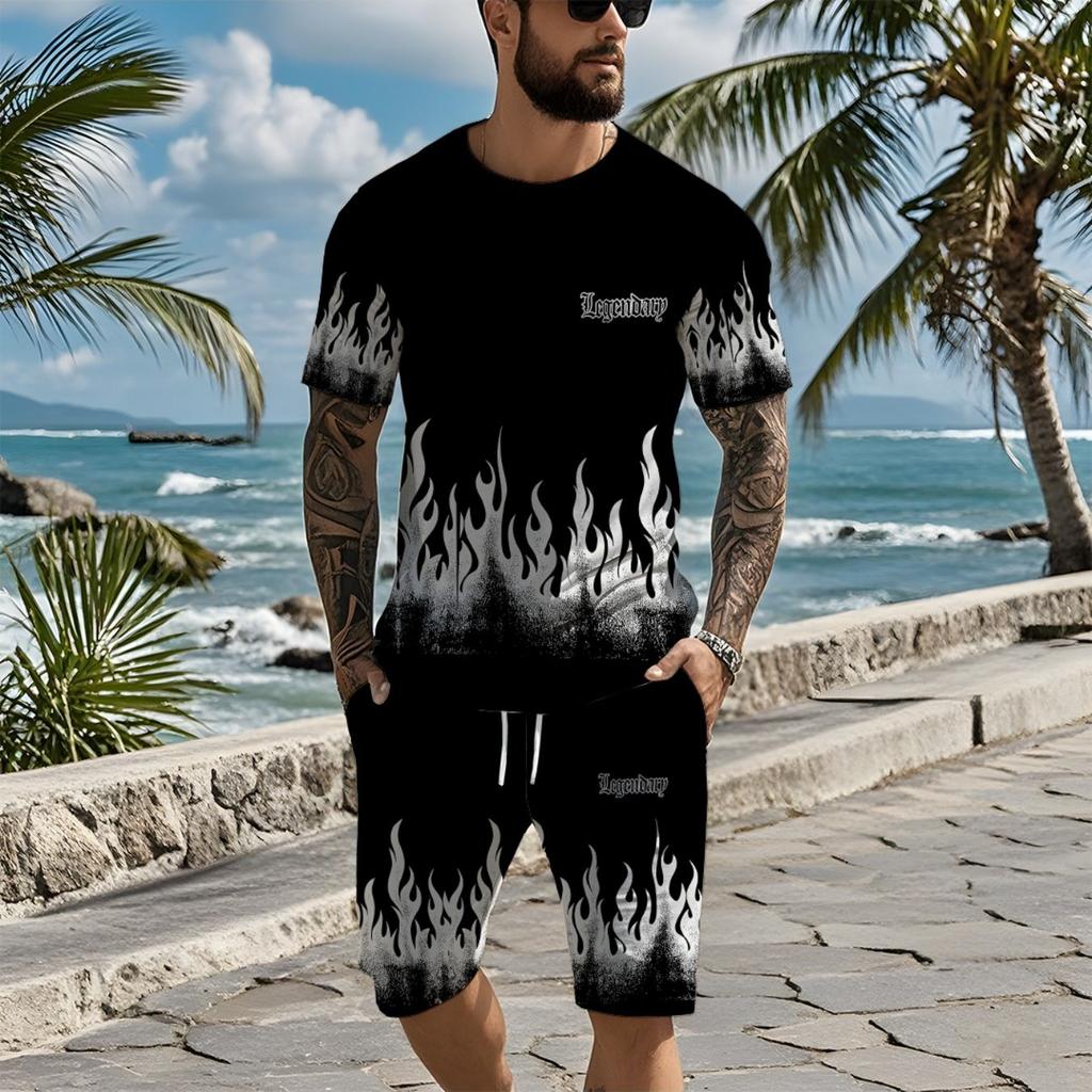Men's Legendary Flame Print Set: Black and White Gradient Flame Short Sleeve T-Shirt with Matching Drawstring Shorts, Casual 2pcs Outfit