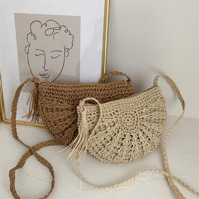 Bolsa de Ombro de Palha Estilo Boêmio Feminino Moda Pequena Capacidade Praia Férias Transversal