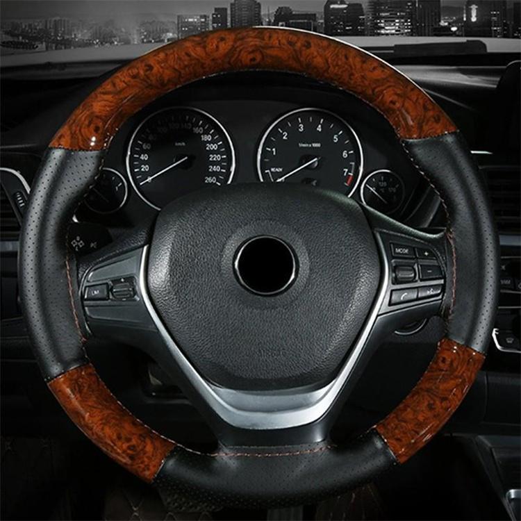 38cm Wooden Pattern Steering Wheel Cover Universal Braiding Leather Car Wheel Cover Sports Style Covers For Steering Wheel