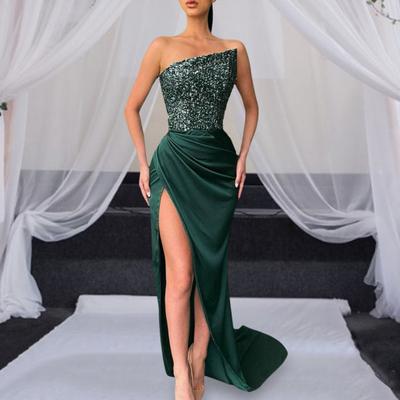 Dames avondjurk Glanzend pailletten schuin bandeau kraagloos rugloos mouwloos off-shoulder hoge split zoom