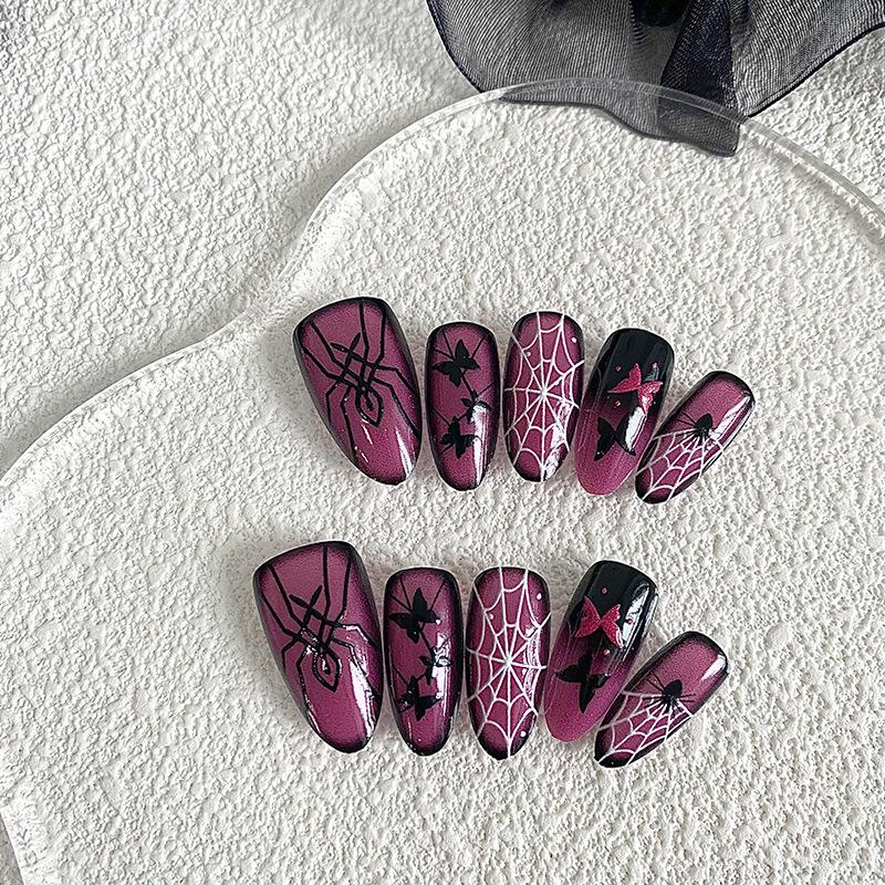 

Handmade Halloween Demon Eye Cat and Spider Nail Tips - Purple, Hand-Painted, Cool & Spicy Style. Small