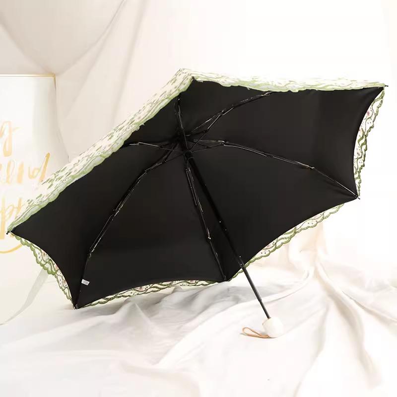 Double Layered Mini Five Fold Umbrella Embroidered with Flowers Black Glue Sun Protection UV Protection Rain Sunny Dual-purpose Sun Umbrella
