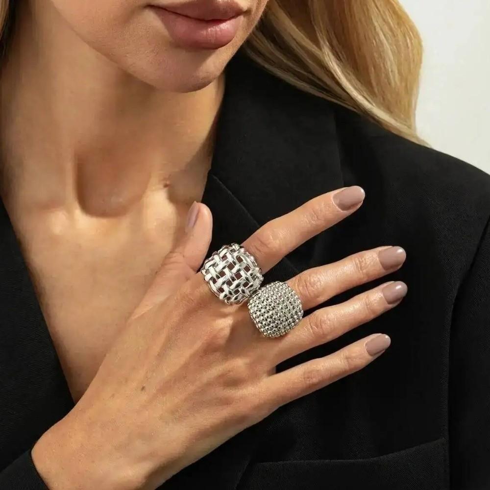 Adjustable Metal Weave Hollow Rings Chunky Design 2 Pcs/Set Geometric Rings Party Accessories