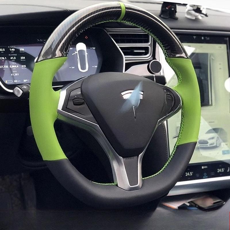 

Для Tesla Model S 2009-2018 Model X 2012-2018 Ручная прошивка Нескользящая Кожа Углеродное волокно Автомобильный Руль Чехол 1
