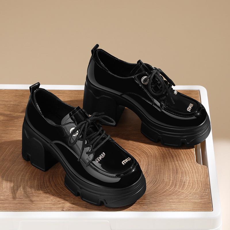 British Style Small Leather Shoes Korean Height-increasing Women's Black Patent Leather Thick-soled Thick-heeled Lace-up Loafers