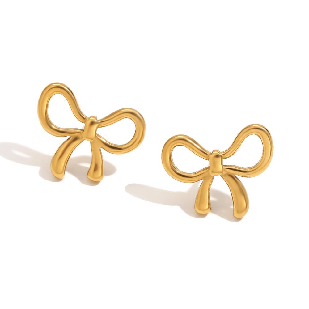 European-American Fashion: 18K Gold-Plated Stainless Steel Bow Necklace & Cute Stud Earrings for Women