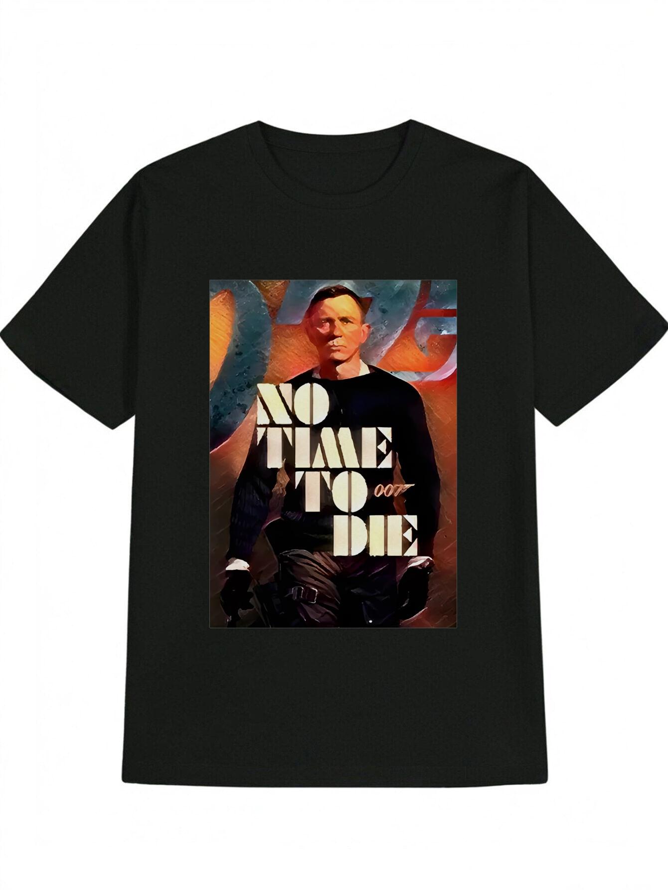 Casual Crew Neck T-shirt with No Time to Die James Bond Graphic - Black Sweater Print M