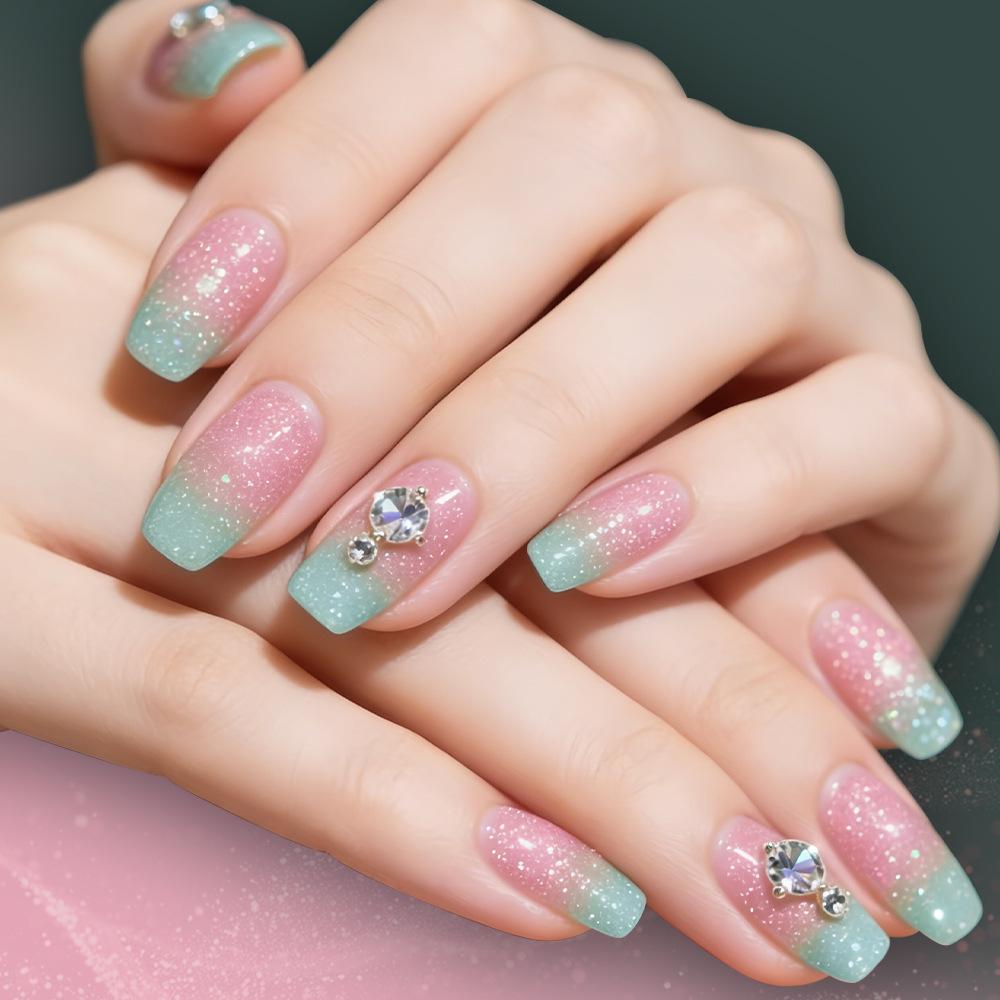 24-Piece Green Gradient Glitter & Rhinestone Glossy Square Nail Art Set