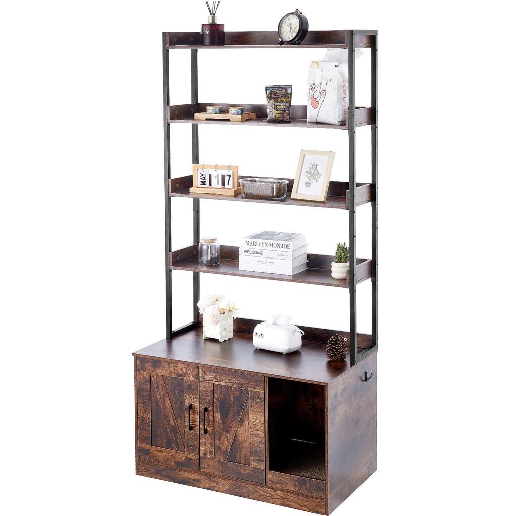 VEVOR Cat Litter Box Enclosure, Hidden Litter Box Furniture with 4 Storage Shelves, Wooden Cat Washroom Indoor