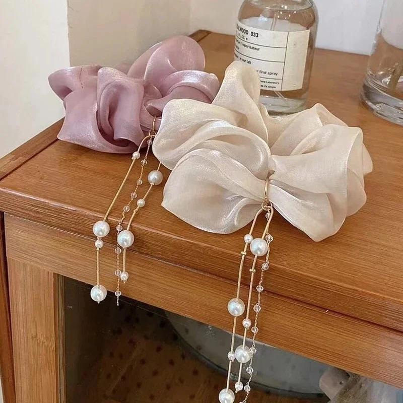 Women Fashion Elastic Scrunchie Hair Ties Tassel Pearl Women Elegant Hair Bands Ponytail Holder Hair Accessories Headwear Gifts