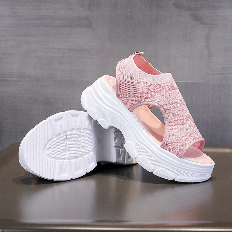 Вязаные женские сандалии на массивном каблуке. Дышащие сандалии на платформе. Эспадрильи — фото 3