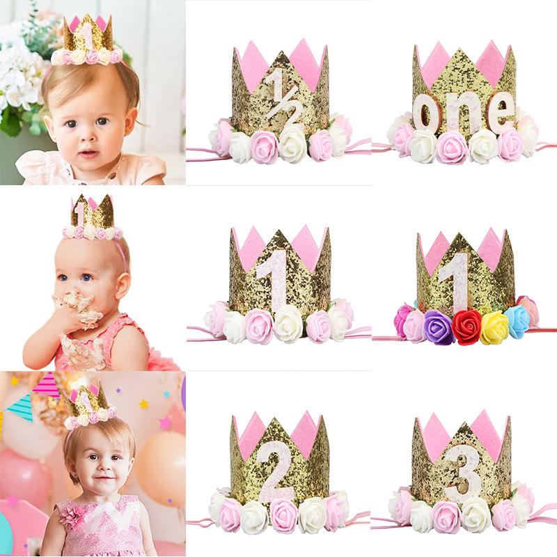 Cross-Border 1st Birthday Crown Headband: Princess Gold & Pink Party Accessory for Girls