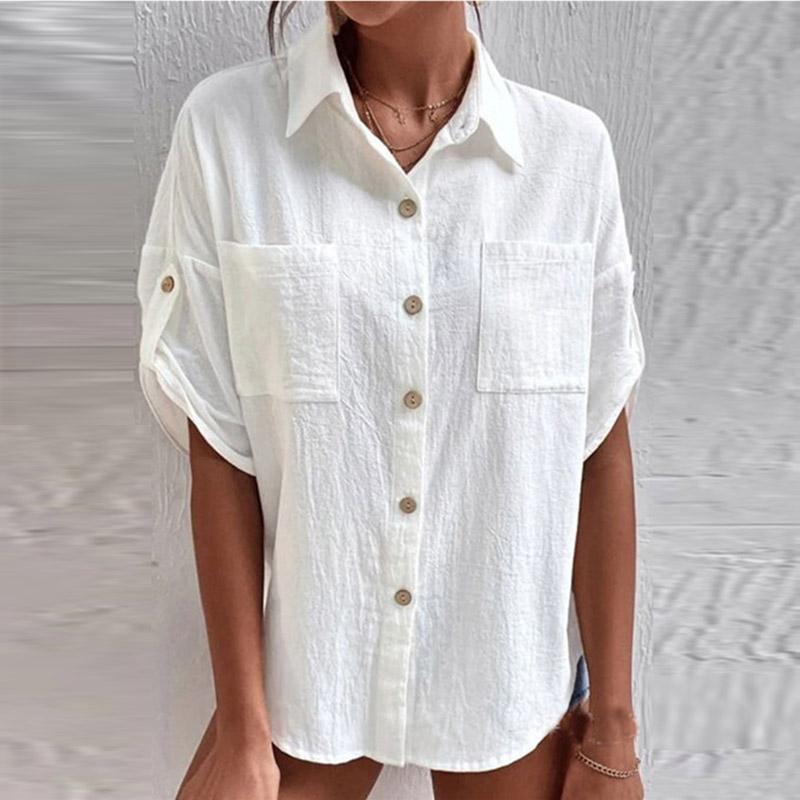 

Летние однотонные блузки на пуговицах с половиной рукавом и лацканами, женские свободные хлопковые льняные рубашки больших размеров, женские топы S белый