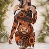 Women Plus Size One Shoulder Long Sleeve Bodycon Mini Dress Highland Cow Sunflower Pumpkin Printed