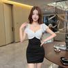 Night club deep V-neck low-cut sexy mesh splicing contrasting color hip-wrapped dress club foot work tooling