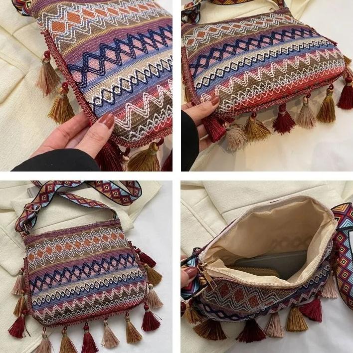 WTEMPO Damen Umhängetaschen mit großem Fassungsvermögen im Ethno-Stil, trendig, vielseitig, breite Träger, Einzel-Schultertaschen mit Quasten